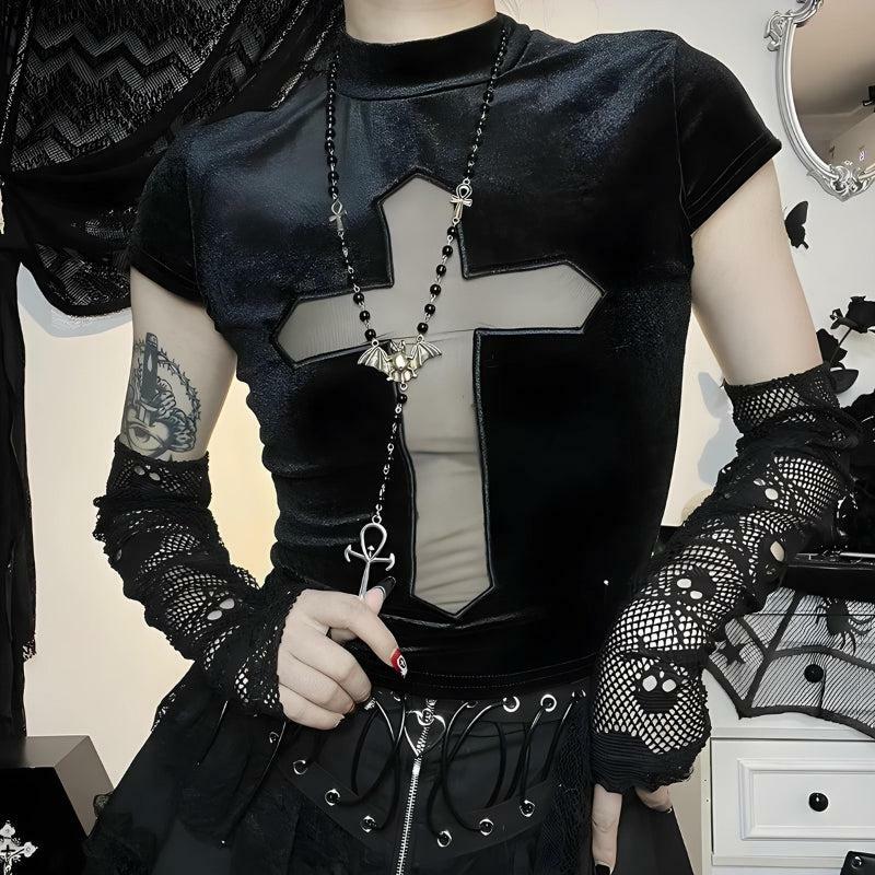 Gothic Cross Cut-Out Velvet Top | Y2K Fashion & Coquette Style