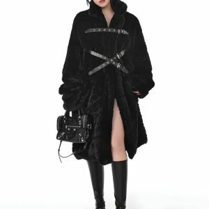 Gothic Faux Fur Fluffy Long Jacket - Y2K Fashion & Coquette Style