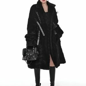 Gothic Faux Fur Fluffy Long Jacket - Y2K Fashion & Coquette Style