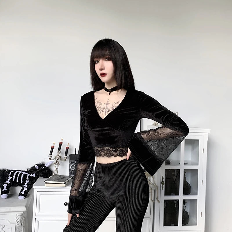 Gothic Lace Flare Cuffs Crop Top - Y2K Fashion & Coquette Style