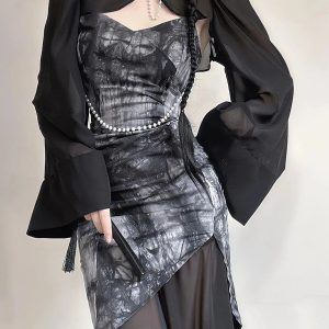 Gothic Wide Sleeve Qipao Midi Dress - Y2K Fashion & Coquette Style