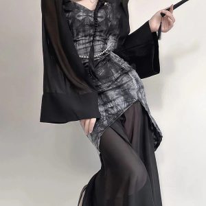 Gothic Wide Sleeve Qipao Midi Dress - Y2K Fashion & Coquette Style