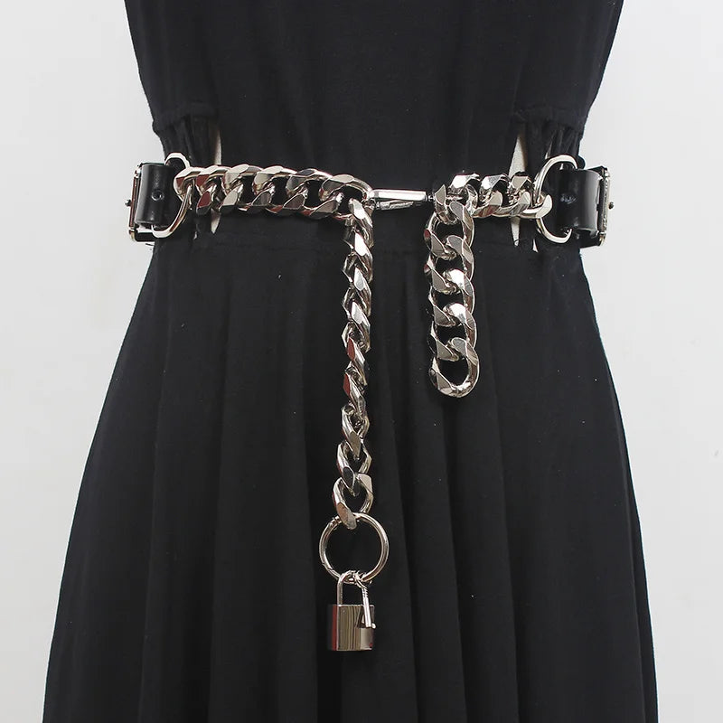 Grunge Lock Faux Leather Chain Belt - Y2K Fashion & Coquette Style