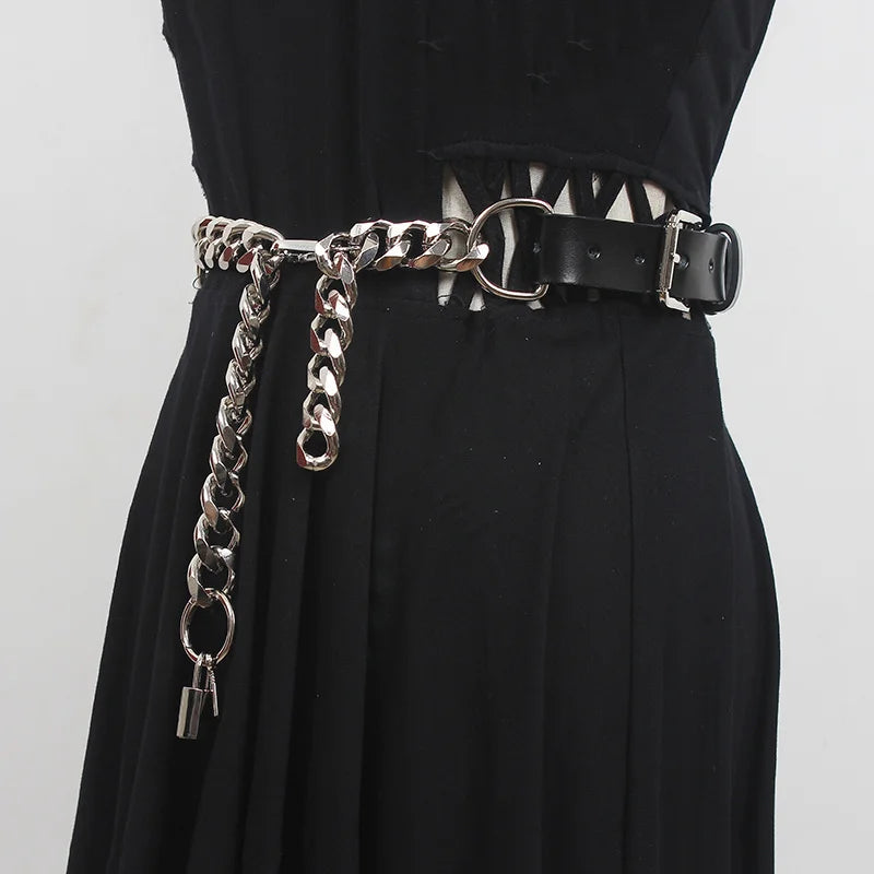 Grunge Lock Faux Leather Chain Belt - Y2K Fashion & Coquette Style