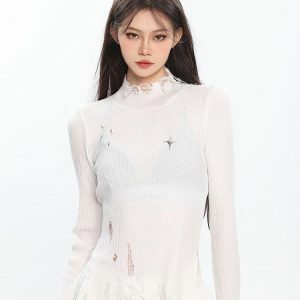 Grunge Turtleneck Distressed Sweater - Y2K Fashion & Coquette Style