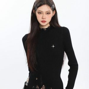 Grunge Turtleneck Distressed Sweater - Y2K Fashion & Coquette Style