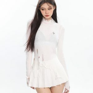 Grunge Turtleneck Distressed Sweater - Y2K Fashion & Coquette Style