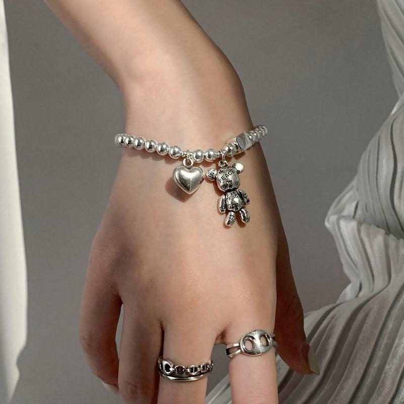 Heart and Bear Bracelet: Y2K Fashion, Coquette Style, Aesthetic Jewelry