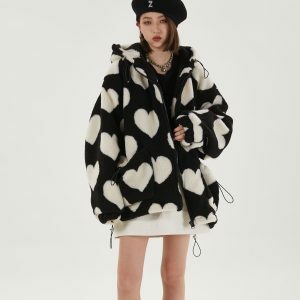 Heart Pattern Hooded Jacket - Y2K Fashion, Coquette Style, Aesthetic Vibes