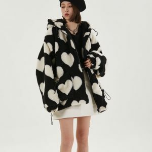 Heart Pattern Hooded Jacket - Y2K Fashion, Coquette Style, Aesthetic Vibes