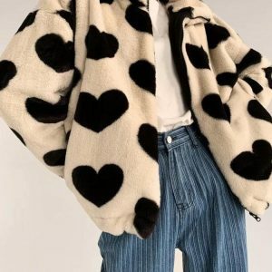 Heart Pattern Teddy Jacket - Y2K Fashion & Coquette Style Essential