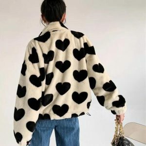 Heart Pattern Teddy Jacket - Y2K Fashion & Coquette Style Essential