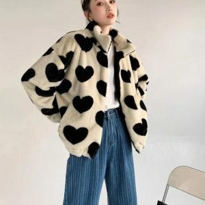 Heart Pattern Teddy Jacket - Y2K Fashion & Coquette Style Essential