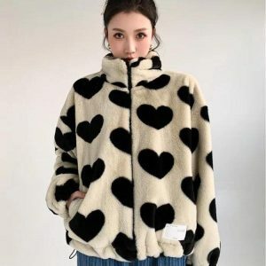 Heart Pattern Teddy Jacket - Y2K Fashion & Coquette Style Essential