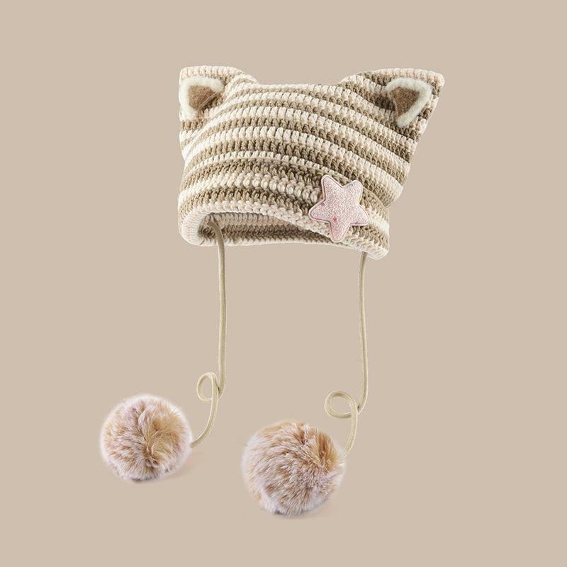 Kawaii Cat Ear Pom-Pom Beanie | Y2K Fashion & Coquette Aesthetic