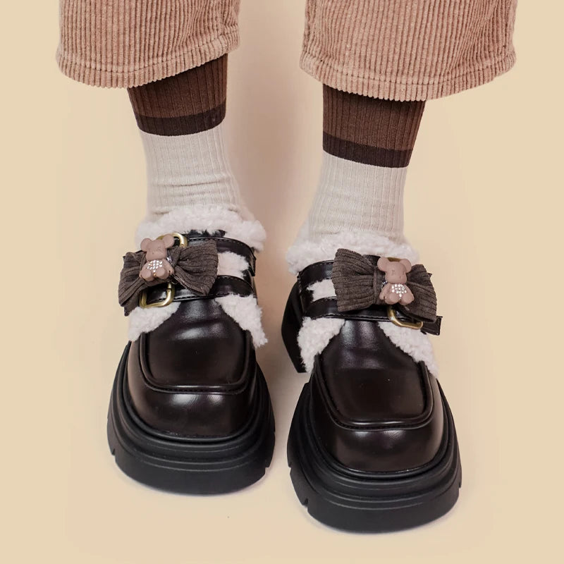 Kawaii Teddy Bear Platform Oxford Shoes for Y2K and Coquette Aesthetics