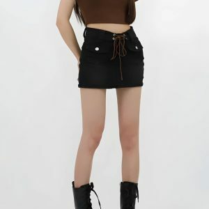 Lace Up Belted Denim Mini Skort - Y2K Fashion & Coquette Style