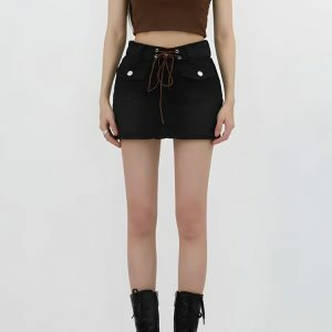 Lace Up Belted Denim Mini Skort - Y2K Fashion & Coquette Style