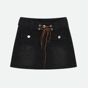 Lace Up Belted Denim Mini Skort - Y2K Fashion & Coquette Style