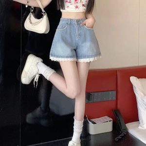 Lace Wide Leg Denim Shorts - Y2K Fashion, Coquette Style, Aesthetic Outfits