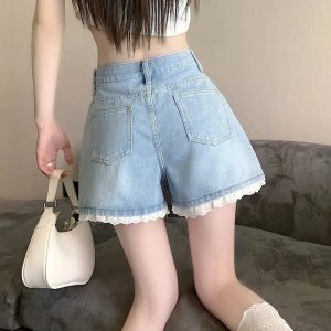 Lace Wide Leg Denim Shorts - Y2K Fashion, Coquette Style, Aesthetic Outfits