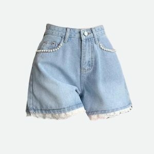 Lace Wide Leg Denim Shorts - Y2K Fashion, Coquette Style, Aesthetic Outfits