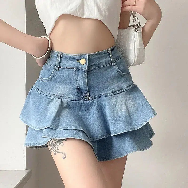 Layered Ruffled Denim Mini Skirt - Y2K Fashion & Coquette Style