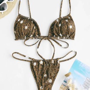 Leopard Daisy Drawstring Bikini Set - Y2K Fashion & Coquette Style