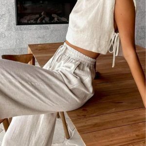 Linen Lace-Up Crop Top & Pants Set - Y2K Fashion, Coquette Style Outfit