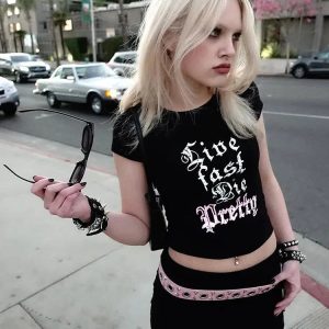 Live Fast Die Pretty Y2K Fashion Tee - Dark Coquette Aesthetic Top