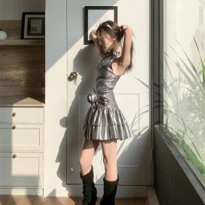 Metallic Mini Dress - Y2K Fashion, Coquette Style, Aesthetic Outfits