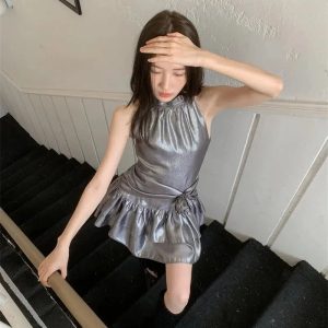 Metallic Mini Dress - Y2K Fashion, Coquette Style, Aesthetic Outfits