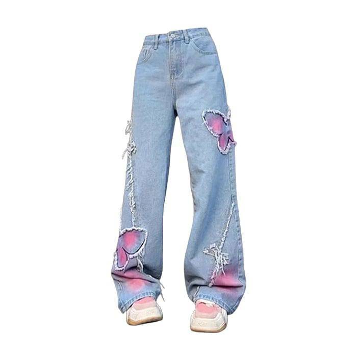 Pastel Butterfly Wide Leg Jeans - Y2K Fashion & Coquette Aesthetic