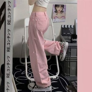 Pastel Pink Baggy Pants - Y2K Fashion, Coquette Style, Aesthetic Outfit