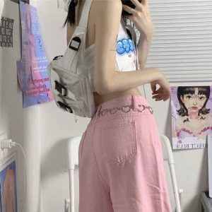 Pastel Pink Baggy Pants - Y2K Fashion, Coquette Style, Aesthetic Outfit