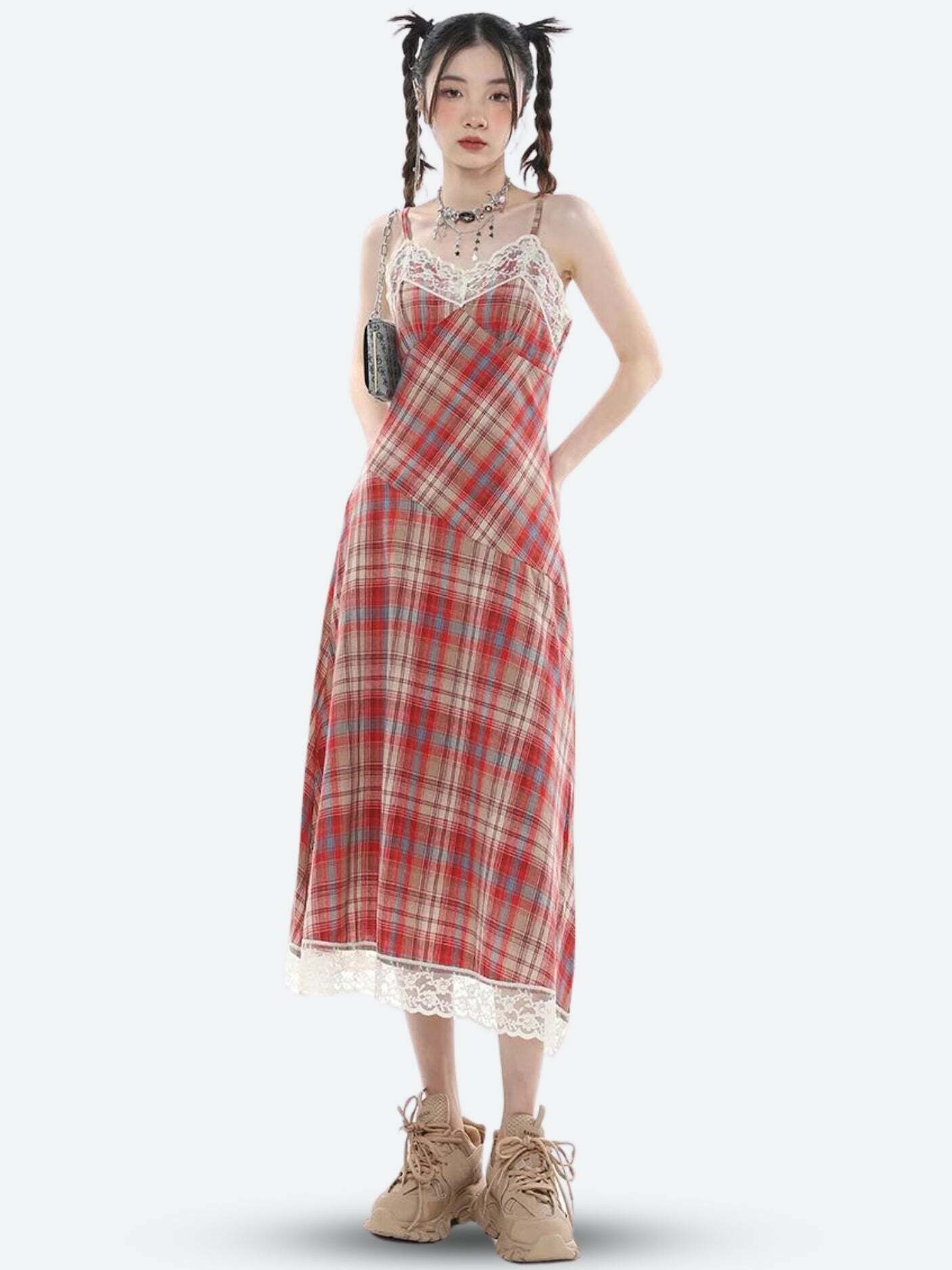 Plaid Lace Midi Dress - Y2K Fashion, Coquette Style, Aesthetic Outfits