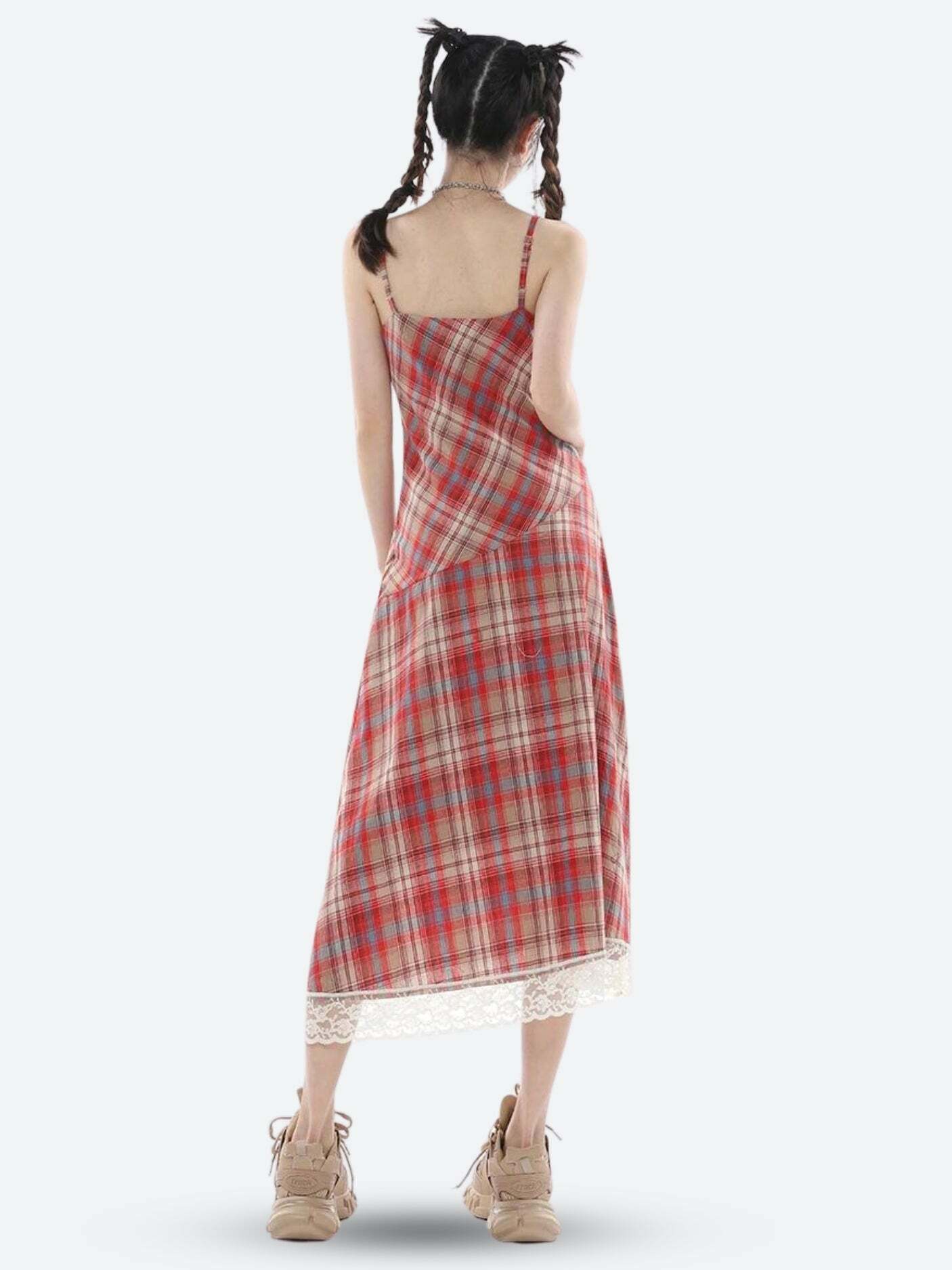 Plaid Lace Midi Dress - Y2K Fashion, Coquette Style, Aesthetic Outfits