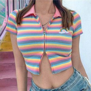 Rainbow Zipper Up Top - Y2K Fashion, Coquette Style, Aesthetic Clothing