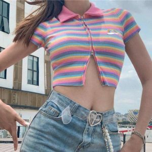 Rainbow Zipper Up Top - Y2K Fashion, Coquette Style, Aesthetic Clothing