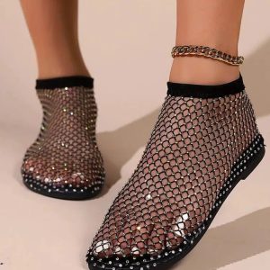 Rhinestone Fishnet Ballerina Flats - Y2K Fashion & Coquette Style