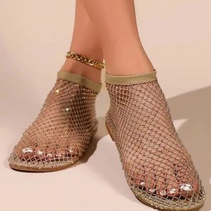 Rhinestone Fishnet Ballerina Flats - Y2K Fashion & Coquette Style