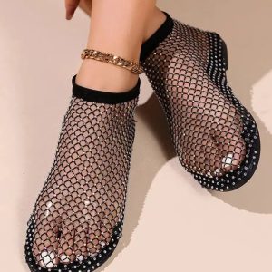 Rhinestone Fishnet Ballerina Flats - Y2K Fashion & Coquette Style