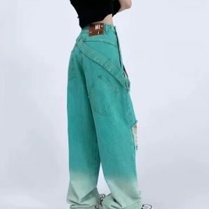 Ripped Denim Baggy Jeans - Y2K Fashion, Coquette Style, Aesthetic Vibes