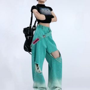 Ripped Denim Baggy Jeans - Y2K Fashion, Coquette Style, Aesthetic Vibes