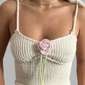 Rose Detailed Knitted Crop Top - Y2K Fashion & Coquette Aesthetic