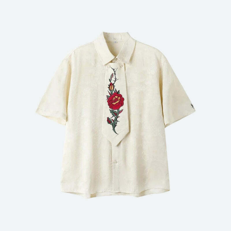 Rose Embroidery Tie Shirt - Y2K Fashion & Coquette Aesthetic Top