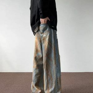 Rusty Pattern Wide Leg Denim Jeans - Y2K Fashion & Coquette Style