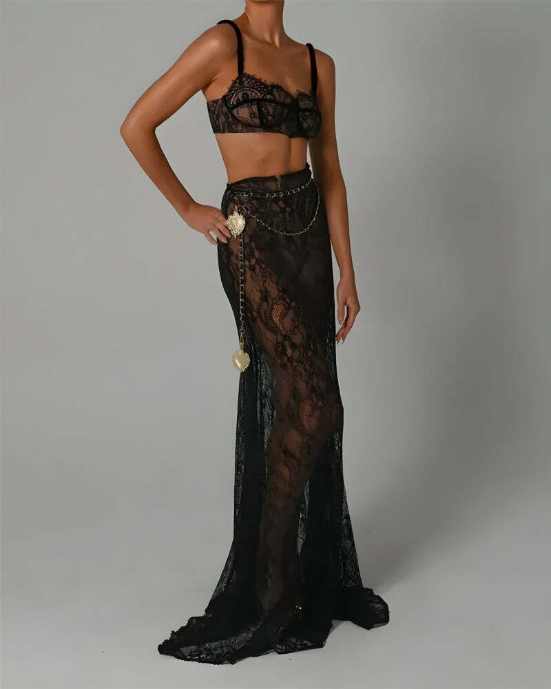 Sheer Lace Two-Piece Set - Y2K Fashion, Coquette Style, Aesthetic Outfits