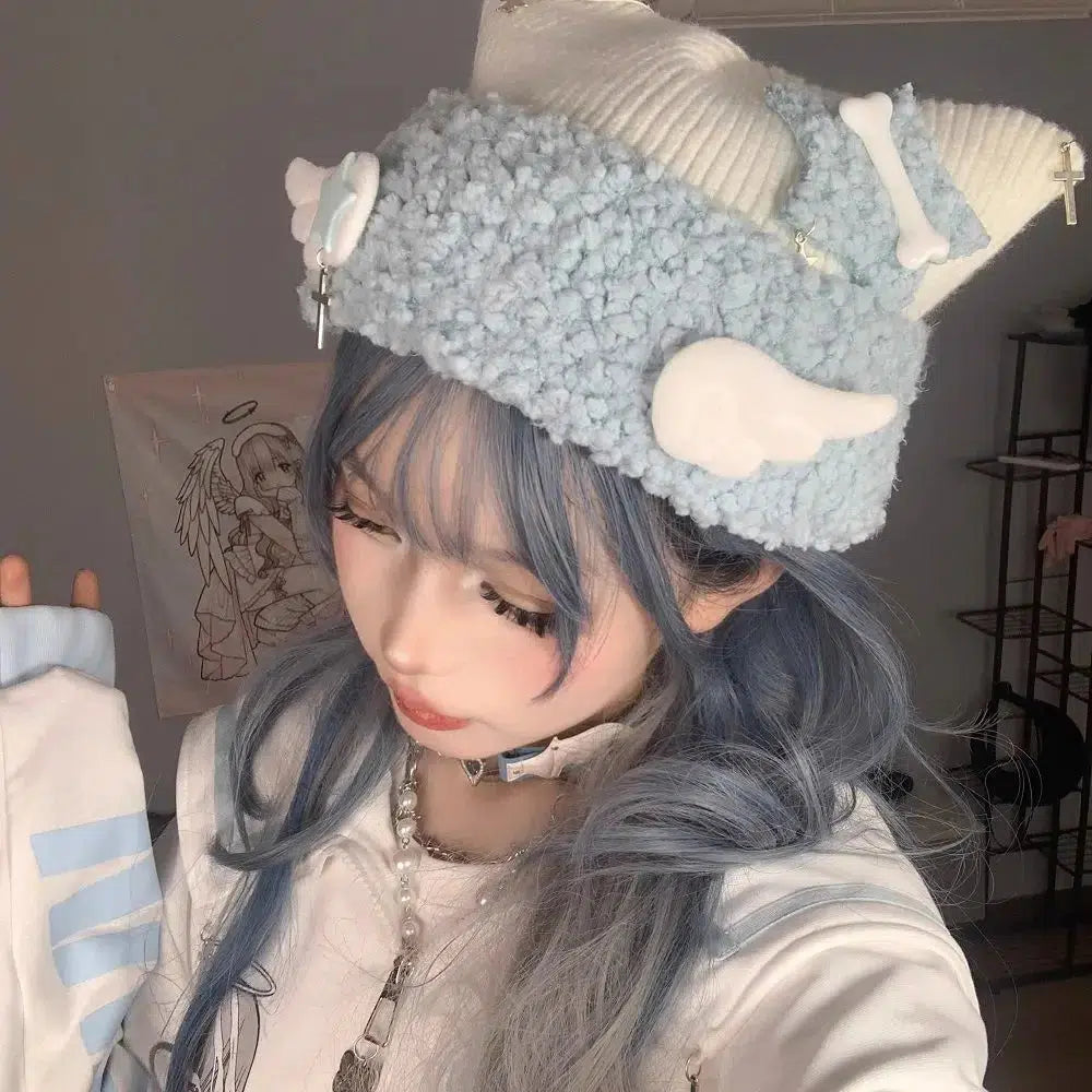 Soft Girl Kawaii Knitted Beanie with Wings - Y2K Aesthetic Fashion