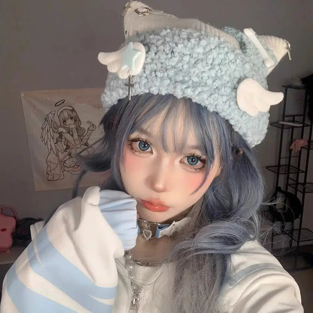 Soft Girl Kawaii Knitted Beanie with Wings - Y2K Aesthetic Fashion